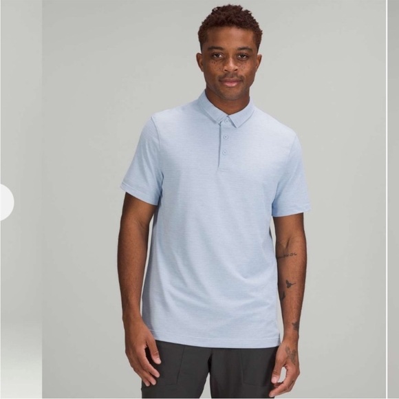 Lululemon Mens Evolution Short Sleeve Polo Shirt Pique Heathered Blue Linen - Picture 11 of 13